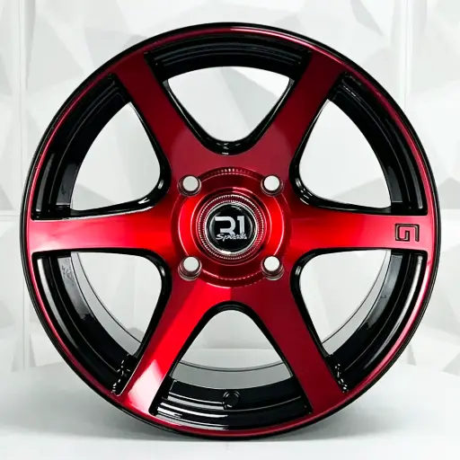[148504] RIN 14X8 4-114.3 R1 SPORT 6064 BLACK MACHINE FACE+RED ET15 CB73.1